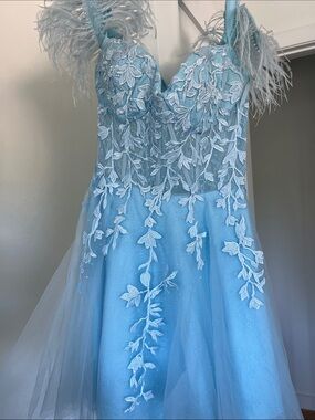 Sky Blue Lace & Tulle Cocktail Dress with Feather Straps